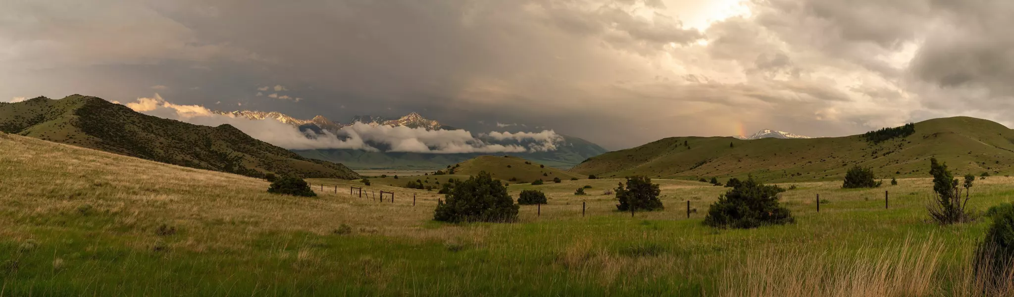 Rolling green hills and fenced pasture under storm clouds, with snowy peaks in mist beyond