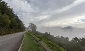 Blue Ridge Parkway curving along a wooded ridge beside a wooden guardrail, with fog filling the valley below distant mountain peaks under a pale cloudy sky